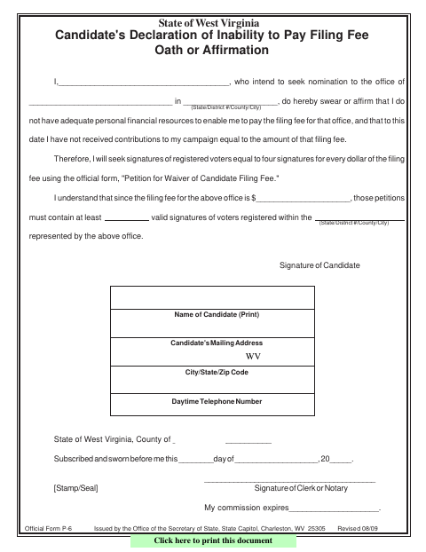 First page of the Candidate's Declaration of Inability to Pay Filing Fee