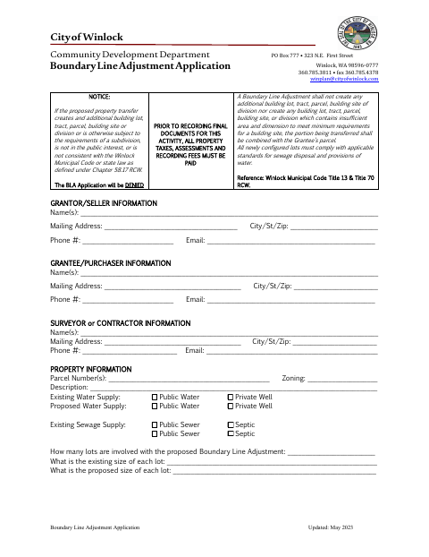 First page of the Boundary Line Adjustment Application