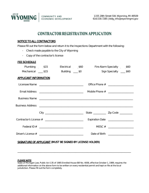 First page of the Contractor Registration Application