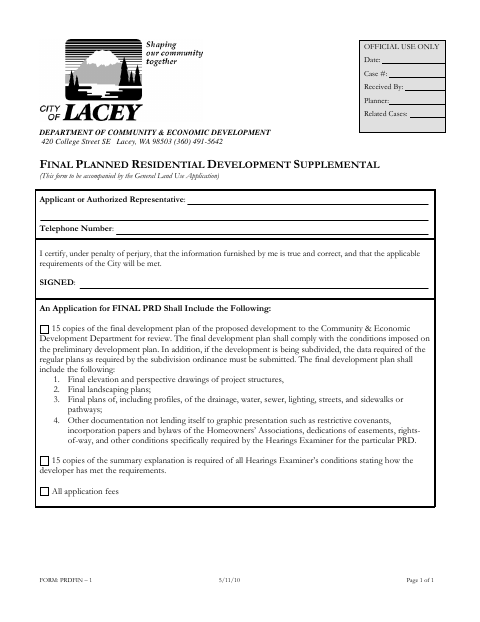 First page of the Final Planned Residential Development Supplemental