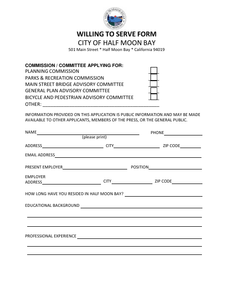First page of the Willing to Serve Form