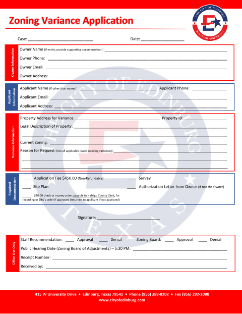 First page of the Zoning Variance Application