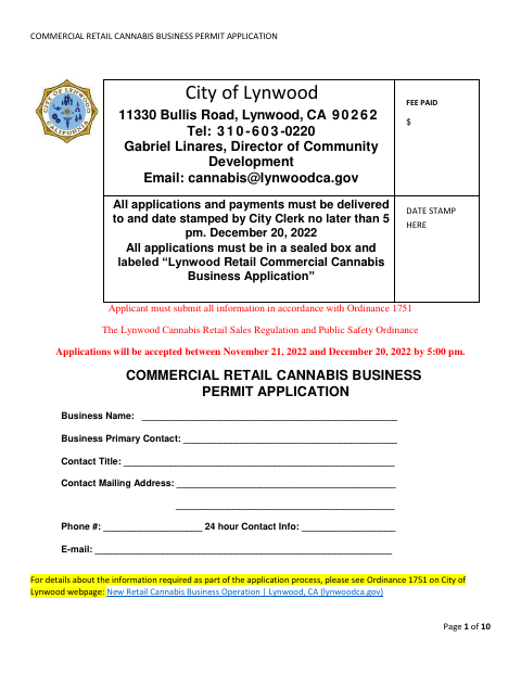 First page of the Commercial Retail Cannabis Business Permit Application