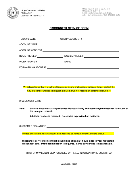 First page of the Disconnect Service Form