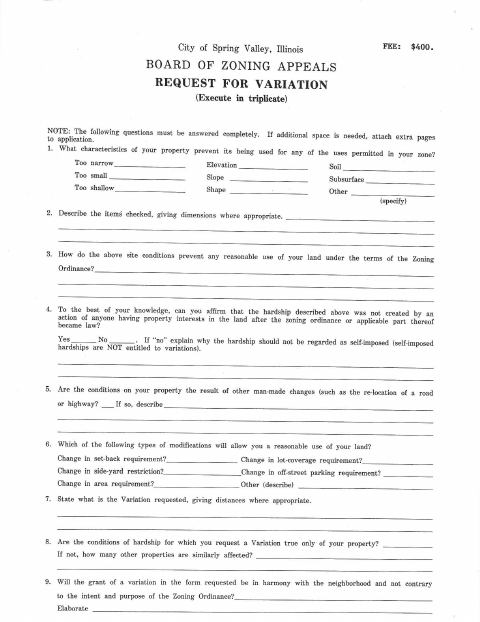 First page of the Board of Zoning Appeals Request for Variation