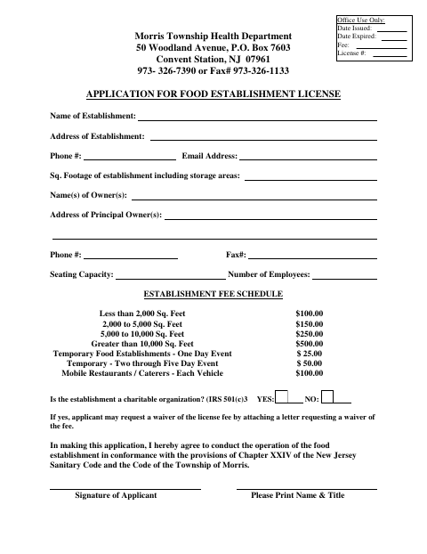 First page of the Application for Food Establishment License