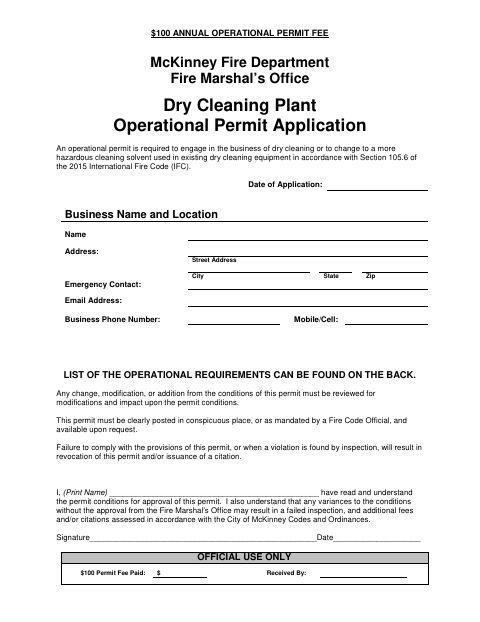 First page of the Dry Cleaning Plant Operational Permit Application