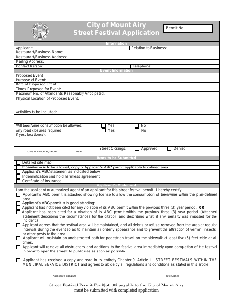 First page of the Street Festival Application and Hold Harmless Agreement