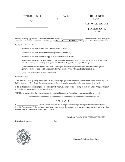 First page of the Driving Safety Course Affidavit