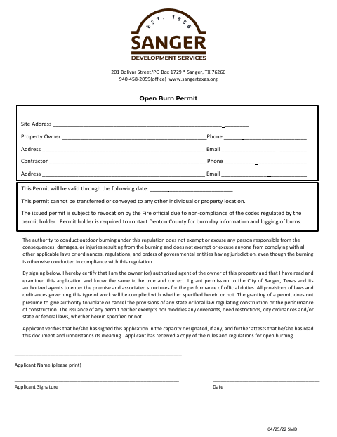 First page of the SMD Open Burn Permit