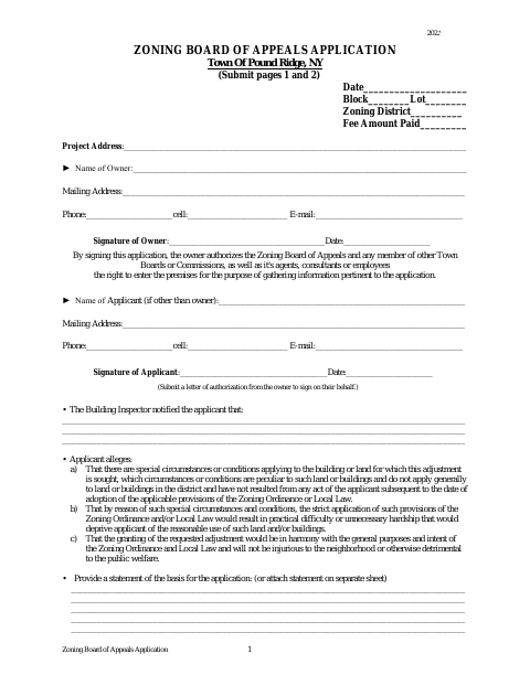 First page of the Zoning Board of Appeals Application