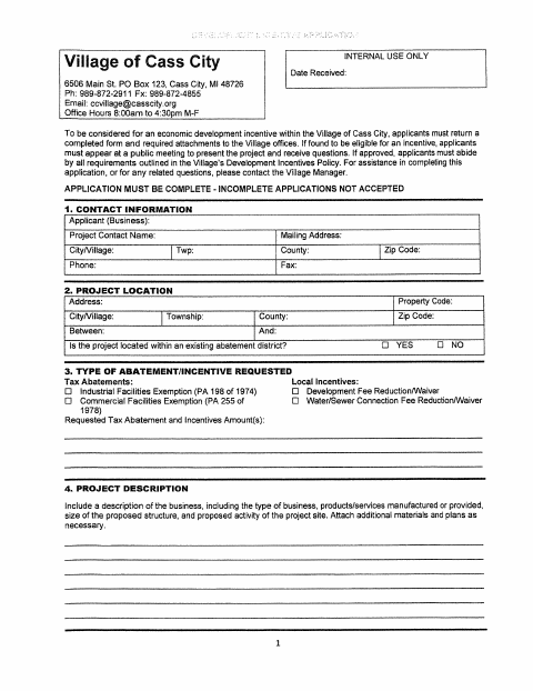 First page of the Development Incentive Application