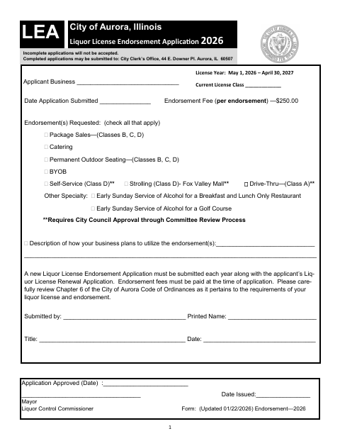First page of the Liquor License Endorsement Application
