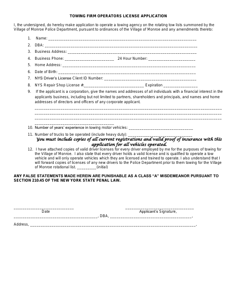 First page of the Towing Firm Operators License Application