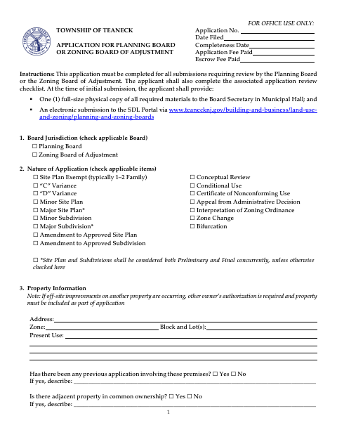 First page of the Planning Board or Zoning Board Application