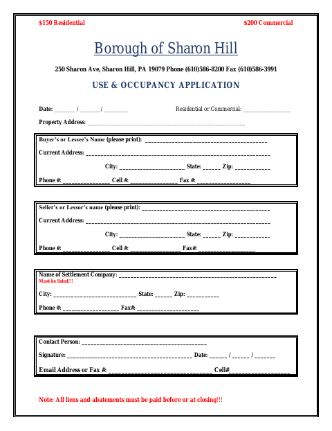 First page of the Use & Occupancy Application
