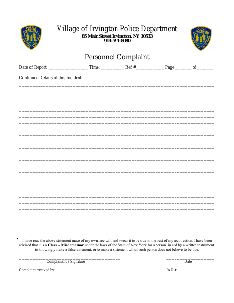 First page of the Personnel Complaint
