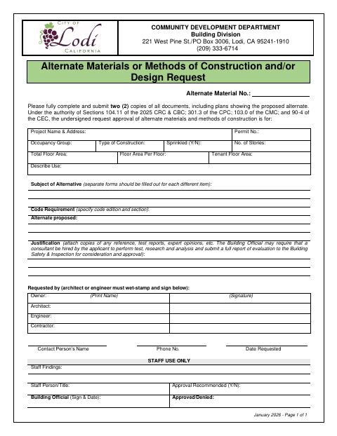 First page of the Alternate Materials or Methods of Construction or Design Request