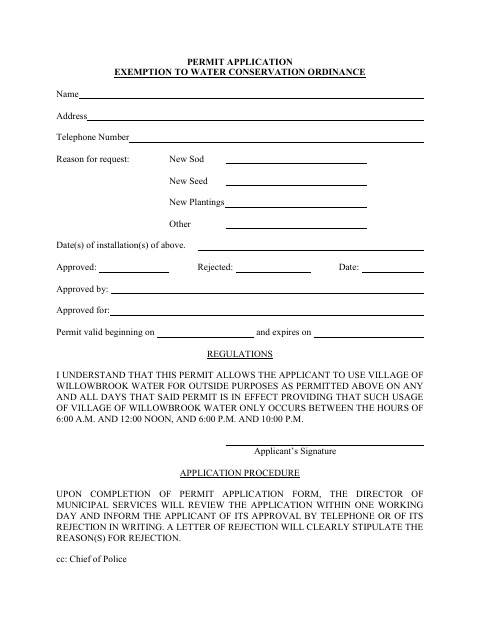 First page of the Permit Application Exemption to Water Conservation Ordinance