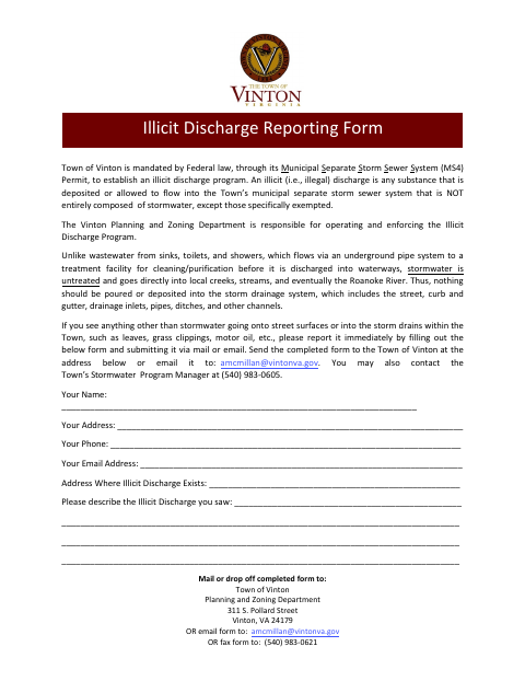 First page of the Illicit Discharge Reporting Form