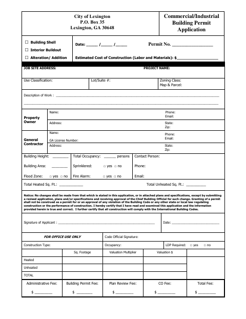 First page of the Commercial/Industrial Building Permit Application