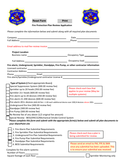 First page of the Fire Protection Plan Review Application