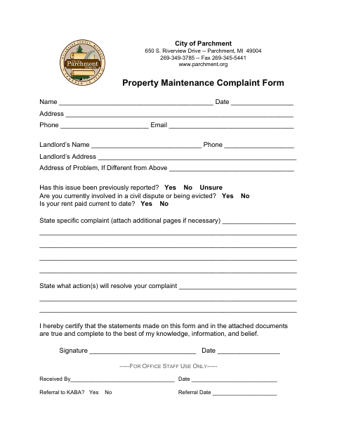 First page of the Property Maintenance Complaint Form