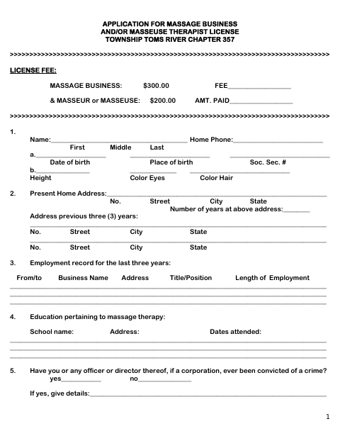 First page of the Massage Business and/or Masseuse Therapist License Application