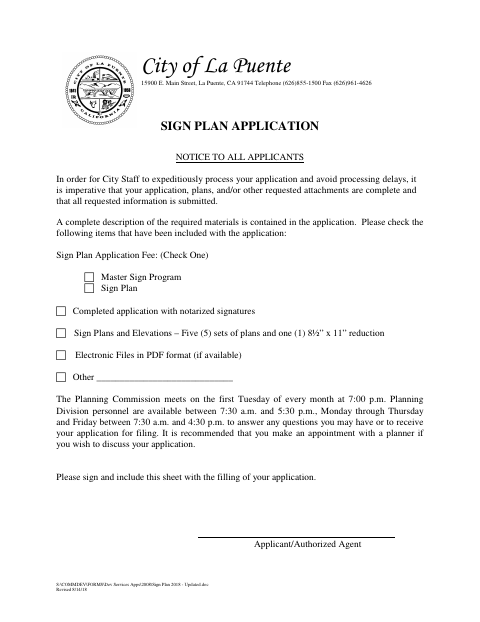 First page of the Sign Plan Application