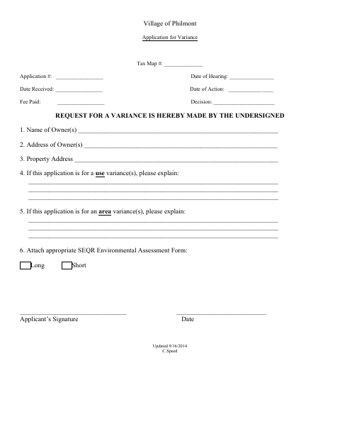 First page of the Application for Variance