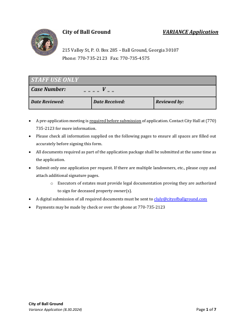 First page of the Variance Application
