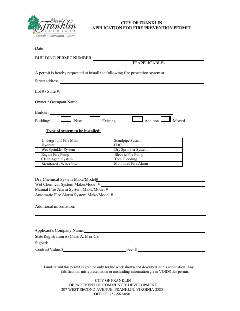 First page of the Application for Fire Prevention Permit