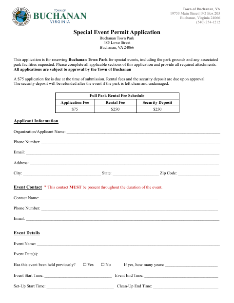 First page of the Special Event Permit Application