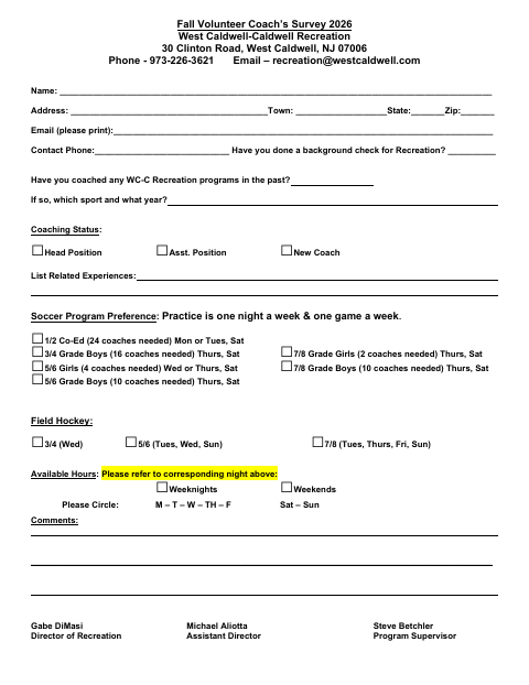 First page of the Fall Volunteer Coach’s Survey 2026
