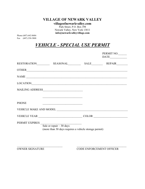 First page of the Vehicle Special Use Permit
