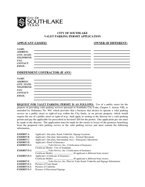 First page of the Valet Parking Permit Application