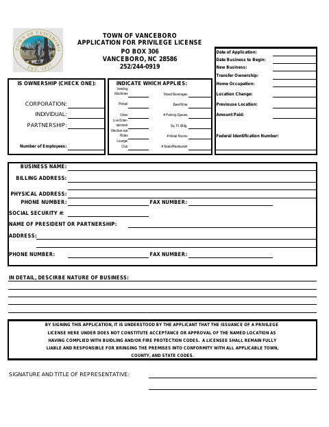 First page of the Application for Privilege License