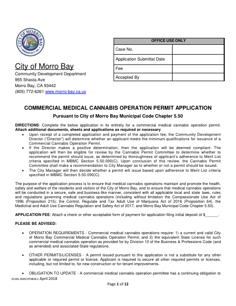First page of the Commercial Medical Cannabis Operation Permit Application