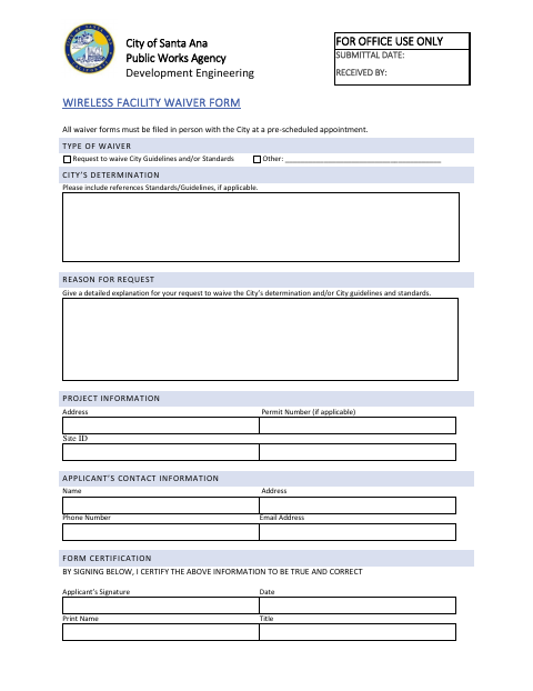 First page of the Wireless Facility Waiver Form