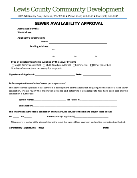 First page of the Sewer Availability Approval