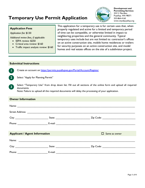 First page of the Temporary Use Permit Application