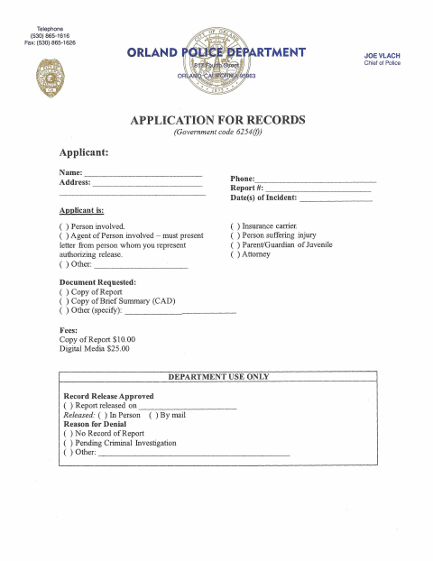 First page of the Police Department Records Request