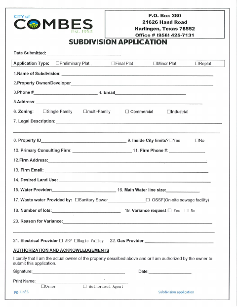 First page of the Subdivision Application