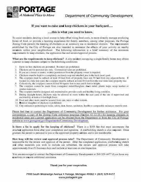 First page of the Keeping of Chickens Information and Application