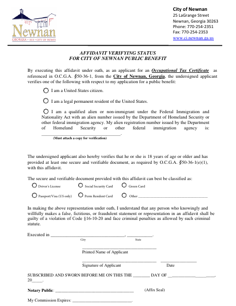First page of the Public Benefit Status Affidavit