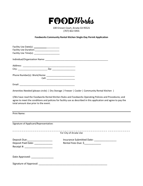 First page of the Foodworks Community Rental Kitchen Single-Day Permit Application