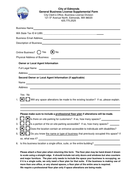 First page of the General Business License Supplemental Form