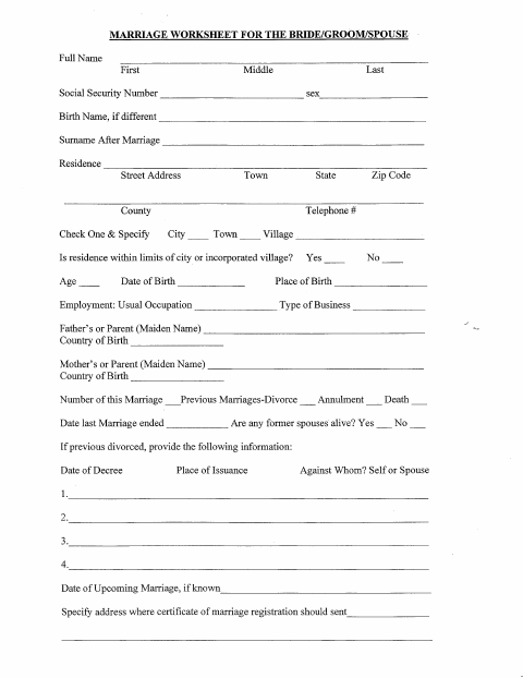 First page of the Marriage License Worksheet