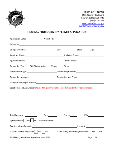 First page of the Filming/Photography Permit Application