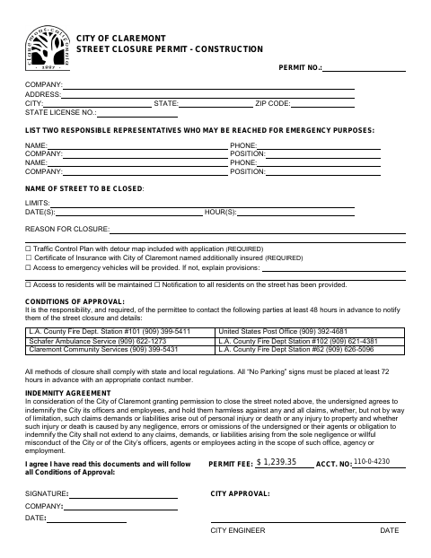 First page of the Street Closure Permit - Construction